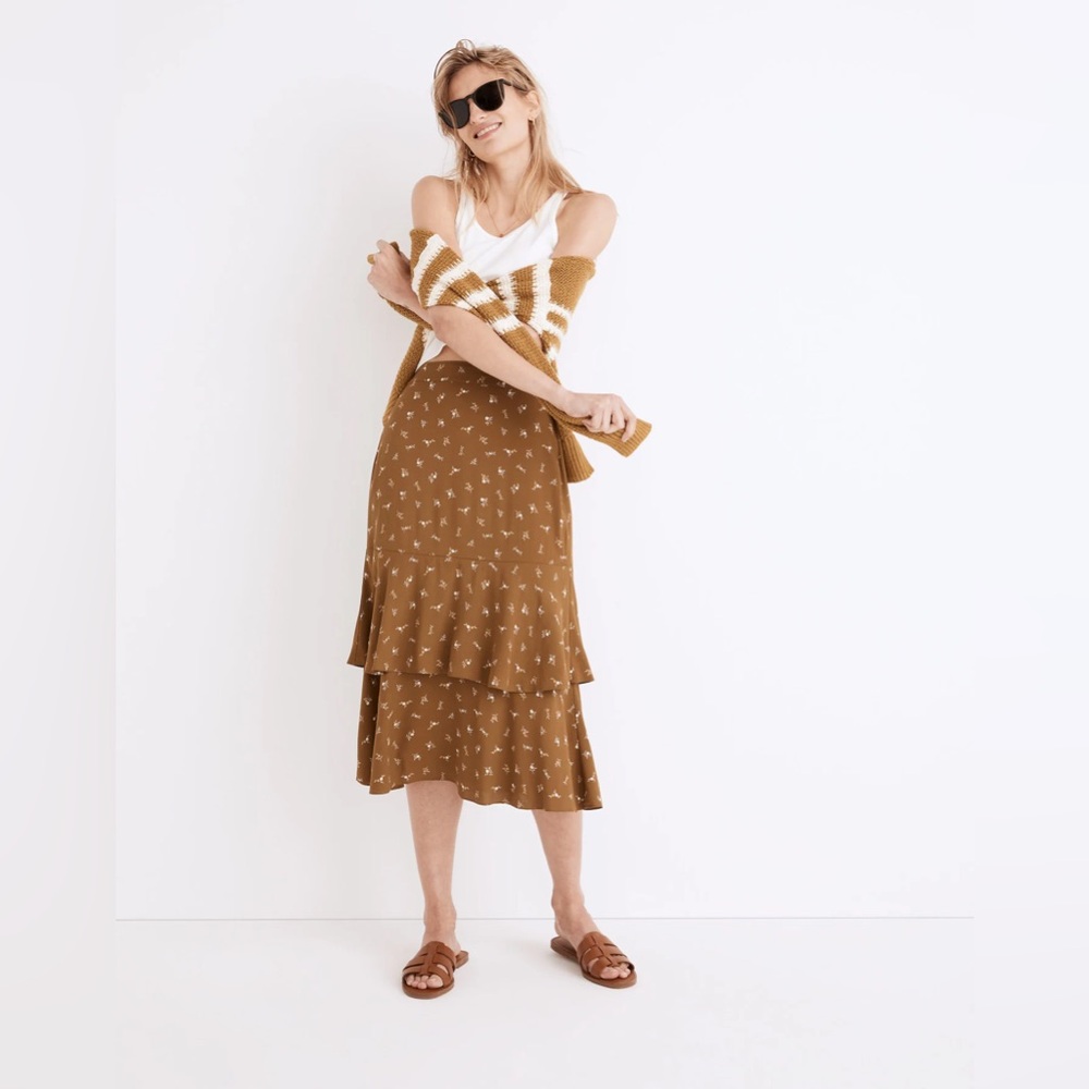 MADEWELL Ruffle Tiered Midi Skirt in Daisy Stitch Weathered Olive XS